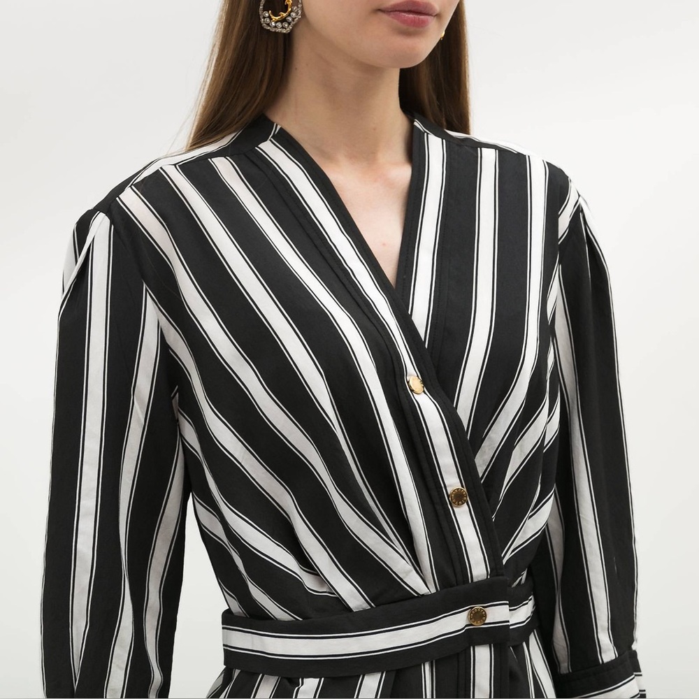 Sandro Carl Black and White Wrap Striped 3/4 Sleeve Midi Dress - Picture 5 of 15